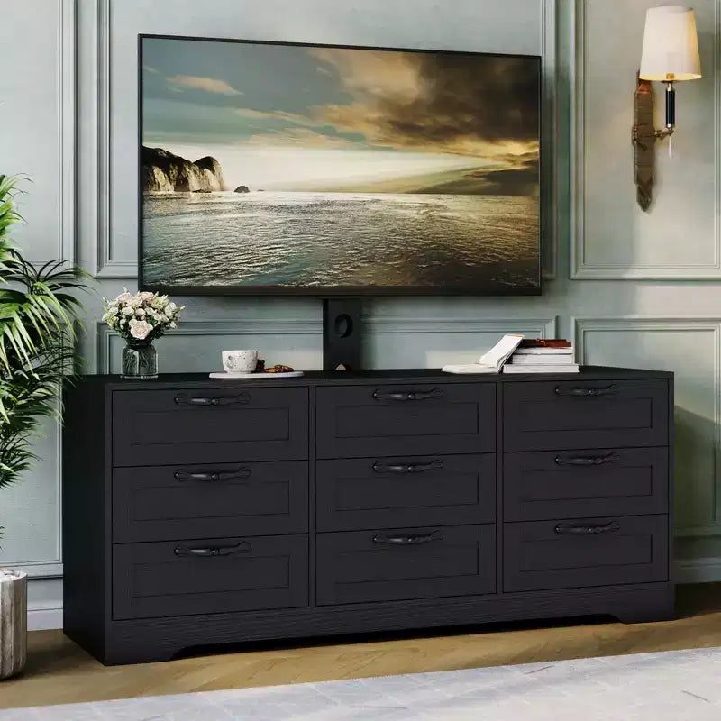 Meuble TV avec support pour téléviseur de 55 pouces, commode à 9 tiroirs, centre de divertissement avec rangement, meuble console média moderne en bois pour salon et chambre