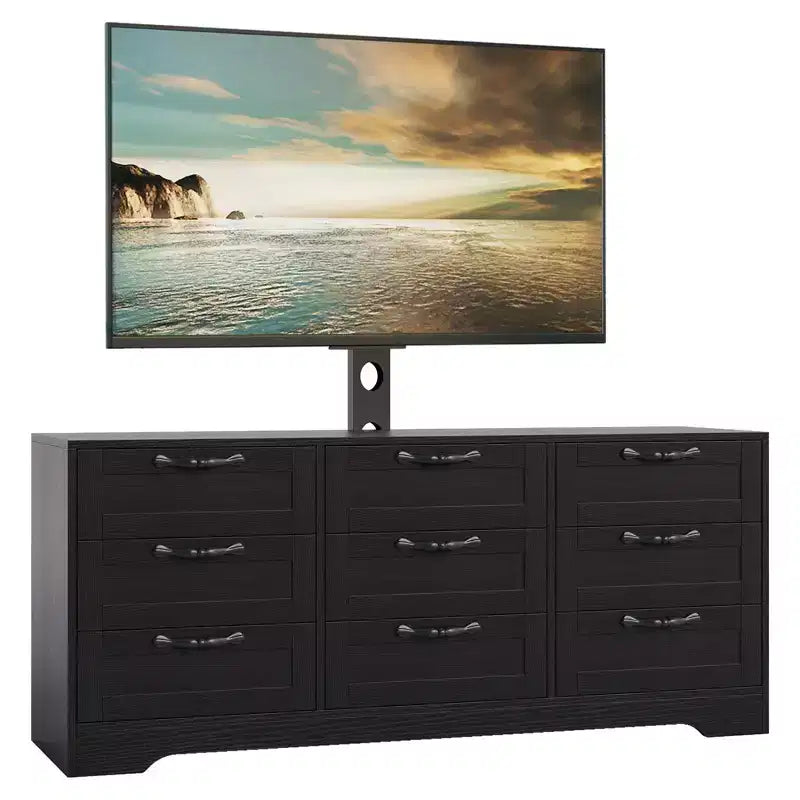 Meuble TV avec support pour téléviseur de 55 pouces, commode à 9 tiroirs, centre de divertissement avec rangement, meuble console média moderne en bois pour salon et chambre