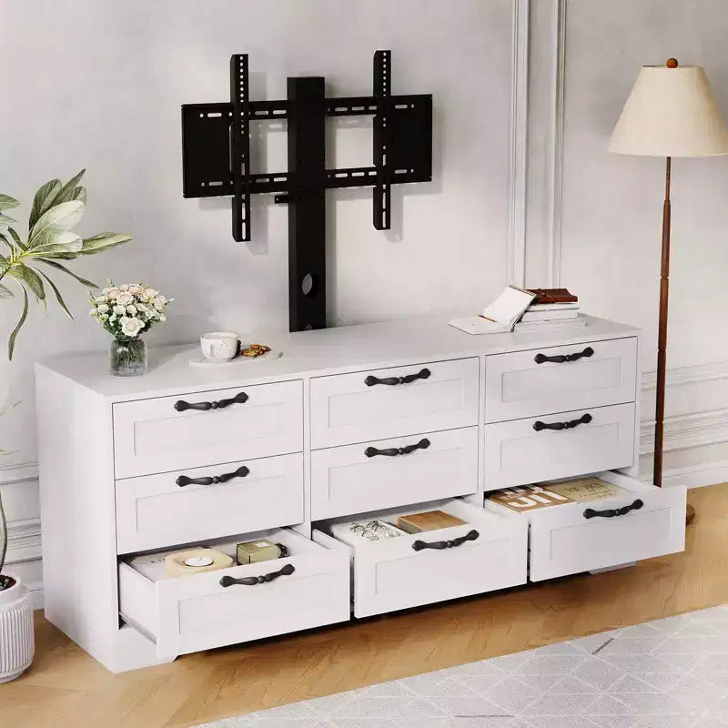 Meuble TV avec support pour téléviseur de 55 pouces, commode à 9 tiroirs, centre de divertissement avec rangement, meuble console média moderne en bois pour salon et chambre