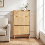 Meuble à chaussures étroit à cannelures avec rangement dissimulé, 2 tiroirs basculants, tiroir supérieur et étagère réglable - Naturel