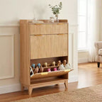 Meuble à chaussures étroit à cannelures avec rangement dissimulé, 2 tiroirs basculants, tiroir supérieur et étagère réglable - Naturel