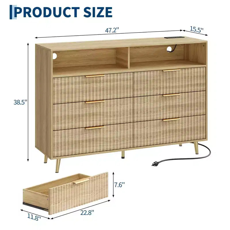 Commode à 6 tiroirs pour chambre à coucher, commode de 120 cm de large avec lumières LED, design profilé incurvé, tiroirs en bois cannelé pour salon, chêne