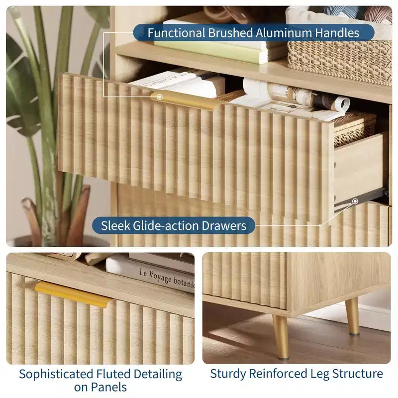 Commode à 6 tiroirs pour chambre à coucher, commode de 120 cm de large avec lumières LED, design profilé incurvé, tiroirs en bois cannelé pour salon, chêne