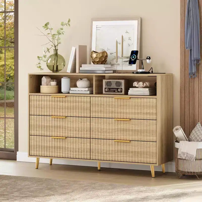 Commode à 6 tiroirs pour chambre à coucher, commode de 120 cm de large avec lumières LED, design profilé incurvé, tiroirs en bois cannelé pour salon, chêne