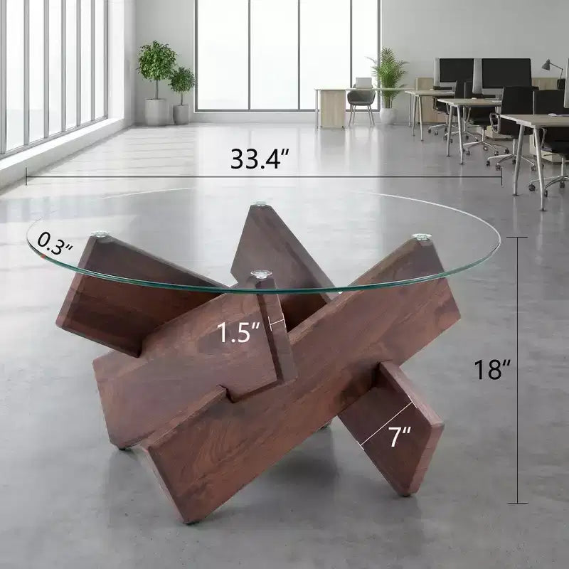 JVNOXK Table basse ronde en verre de 33,4, table moderne en verre trempé avec pieds en MDF couleur noyer pour salon et salle à manger