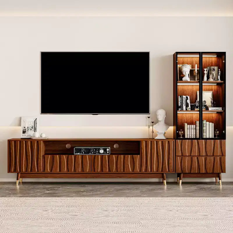 Meuble TV moderne ATJafurn en noyer de style milieu de siècle et vitrine en verre à 3 niveaux avec tiroirs, ensemble de meuble de divertissement en bois marron pour salon