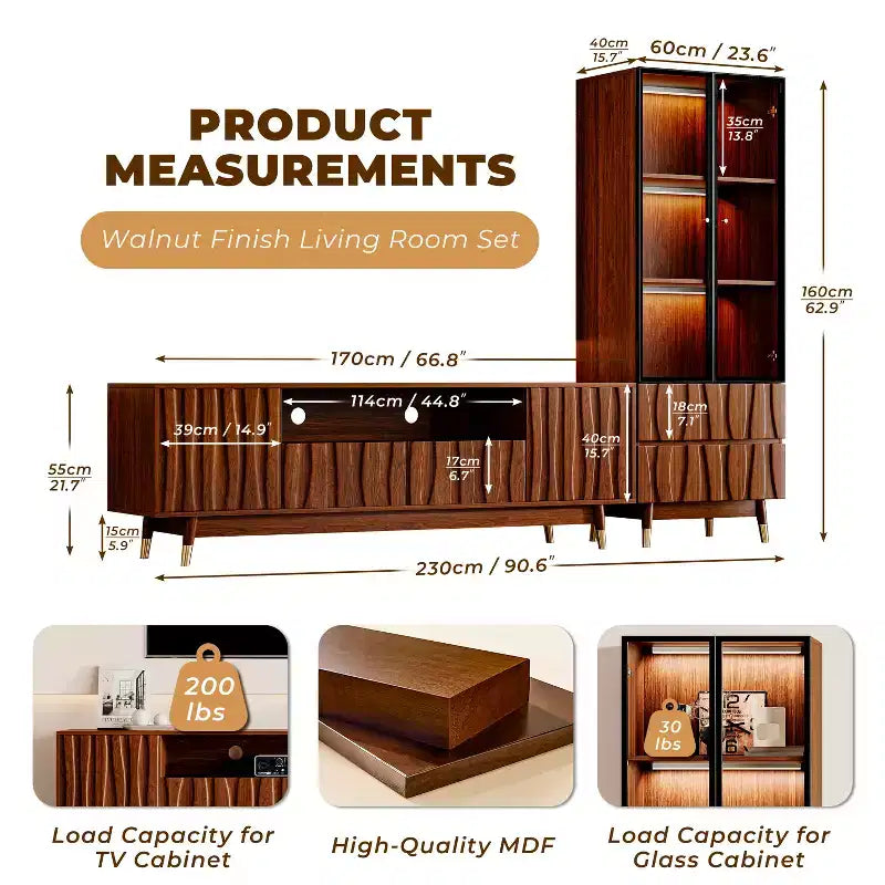 Meuble TV moderne ATJafurn en noyer de style milieu de siècle et vitrine en verre à 3 niveaux avec tiroirs, ensemble de meuble de divertissement en bois marron pour salon