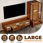 Meuble TV moderne ATJafurn en noyer de style milieu de siècle et vitrine en verre à 3 niveaux avec tiroirs, ensemble de meuble de divertissement en bois marron pour salon