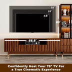 Meuble TV moderne ATJafurn en noyer de style milieu de siècle et vitrine en verre à 3 niveaux avec tiroirs, ensemble de meuble de divertissement en bois marron pour salon