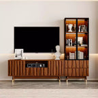 Meuble TV moderne ATJafurn en noyer de style milieu de siècle et vitrine en verre à 3 niveaux avec tiroirs, ensemble de meuble de divertissement en bois marron pour salon