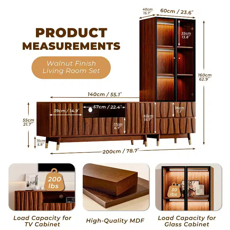 Meuble TV moderne ATJafurn en noyer de style milieu de siècle et vitrine en verre à 3 niveaux avec tiroirs, ensemble de meuble de divertissement en bois marron pour salon