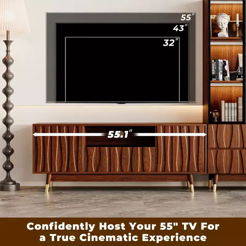 Meuble TV moderne ATJafurn en noyer de style milieu de siècle et vitrine en verre à 3 niveaux avec tiroirs, ensemble de meuble de divertissement en bois marron pour salon