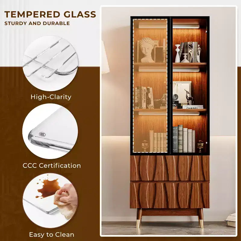 Meuble TV moderne ATJafurn en noyer de style milieu de siècle et vitrine en verre à 3 niveaux avec tiroirs, ensemble de meuble de divertissement en bois marron pour salon