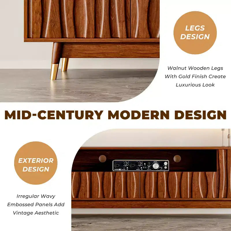 Meuble TV moderne ATJafurn en noyer de style milieu de siècle et vitrine en verre à 3 niveaux avec tiroirs, ensemble de meuble de divertissement en bois marron pour salon