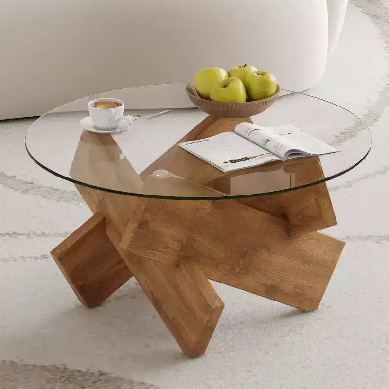 Table basse moderne en verre avec plateau en verre trempé pour salon, bois