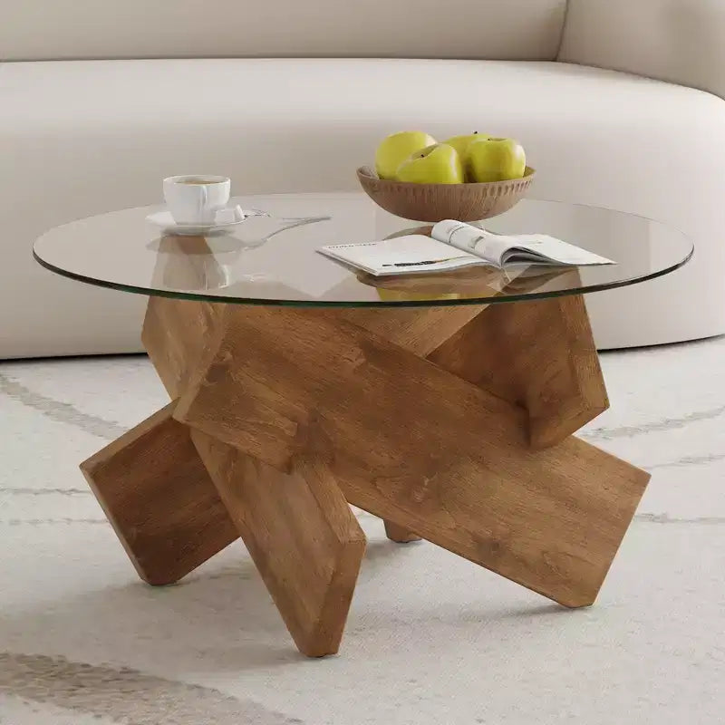 Table basse moderne en verre avec plateau en verre trempé pour salon, bois