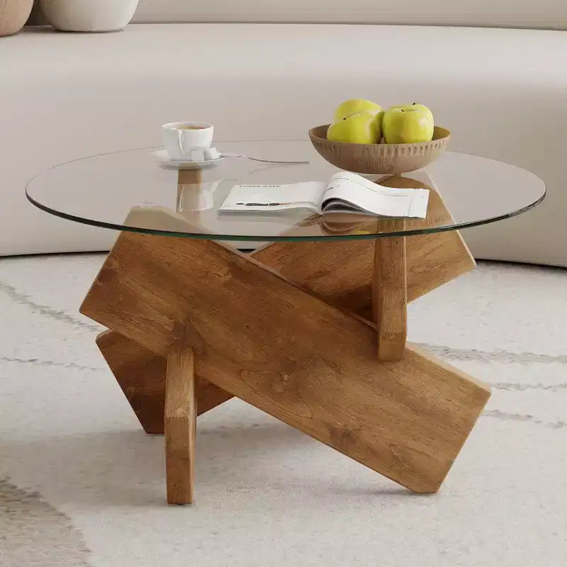 Table basse moderne en verre avec plateau en verre trempé pour salon, bois