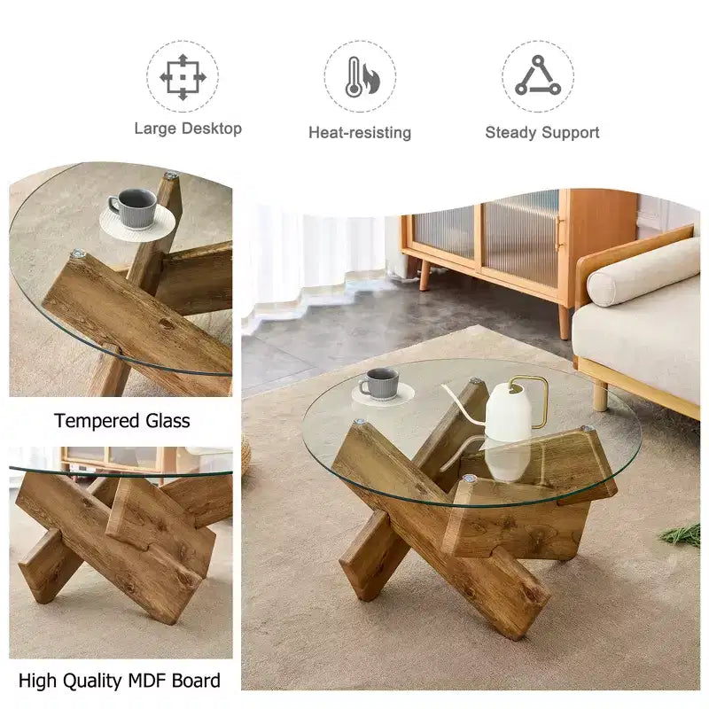 Table basse moderne en verre avec plateau en verre trempé pour salon, bois