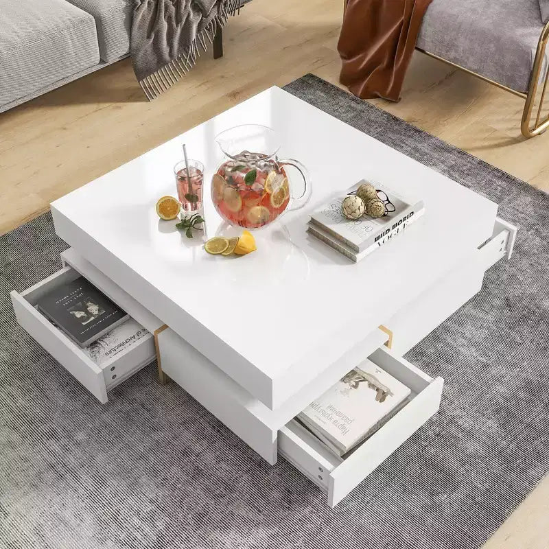 High Gloss Coffee Table with 4 Drawers, Square Storage Center Table for Living Room, White