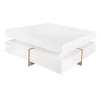 Table basse laquée brillante avec 4 tiroirs, table centrale de rangement carrée pour salon, blanche