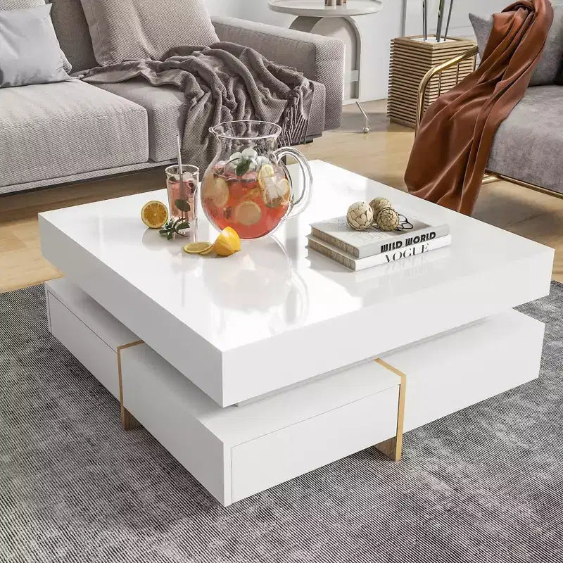 Table basse laquée brillante avec 4 tiroirs, table centrale de rangement carrée pour salon, blanche
