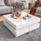 Table basse laquée brillante avec 4 tiroirs, table centrale de rangement carrée pour salon, blanche