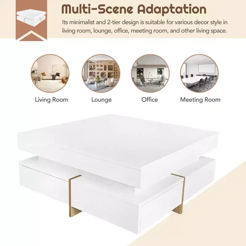Table basse laquée brillante avec 4 tiroirs, table centrale de rangement carrée pour salon, blanche