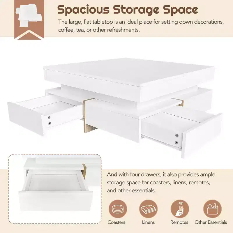 Table basse laquée brillante avec 4 tiroirs, table centrale de rangement carrée pour salon, blanche