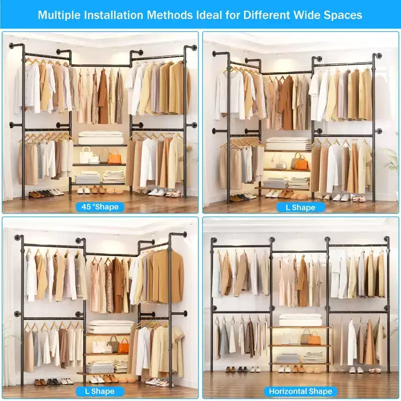 Besiost Portant à Vêtements Industriel en Tuyaux, Système de Rangement Mural de 2,2 à 3,3 m