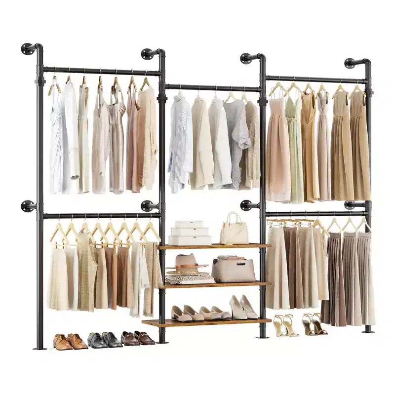 Besiost Portant à Vêtements Industriel en Tuyaux, Système de Rangement Mural de 2,2 à 3,3 m