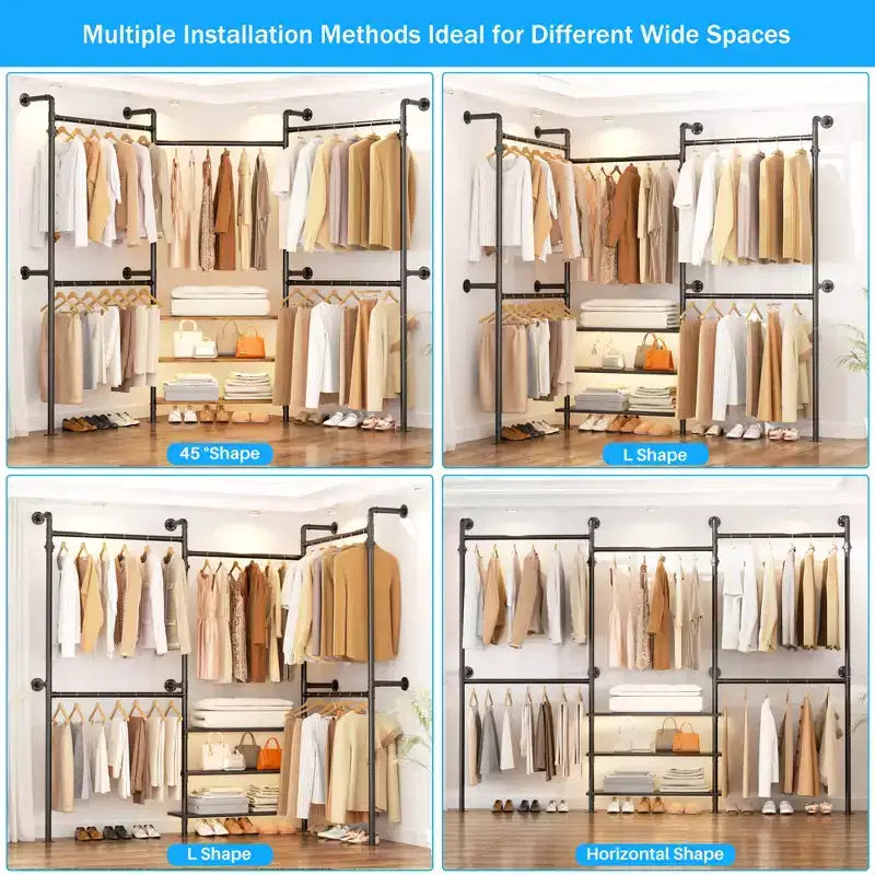Besiost Portant à Vêtements Industriel en Tuyaux, Système de Rangement Mural de 2,2 à 3,3 m