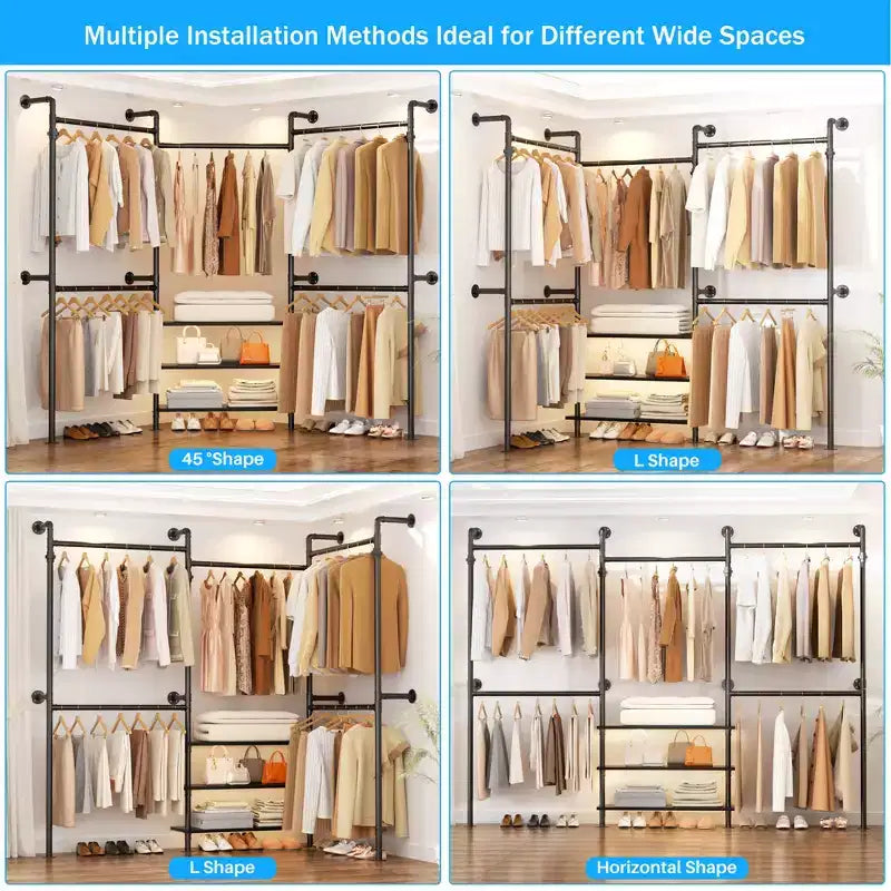 Besiost Portant à Vêtements Industriel en Tuyaux, Système de Rangement Mural de 2,2 à 3,3 m