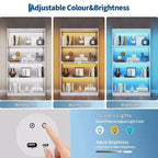 Vitrine en verre avec portes, meuble de curiosités à 4 niveaux avec lumières LED 3 couleurs, ports de chargement et détecteur de mouvement
