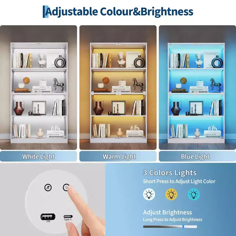 Vitrine en verre avec portes, meuble de curiosités à 4 niveaux avec lumières LED 3 couleurs, ports de chargement et détecteur de mouvement