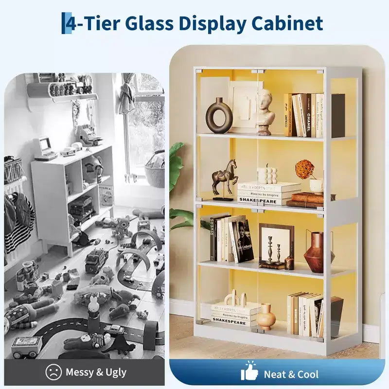 Vitrine en verre avec portes, meuble de curiosités à 4 niveaux avec lumières LED 3 couleurs, ports de chargement et détecteur de mouvement