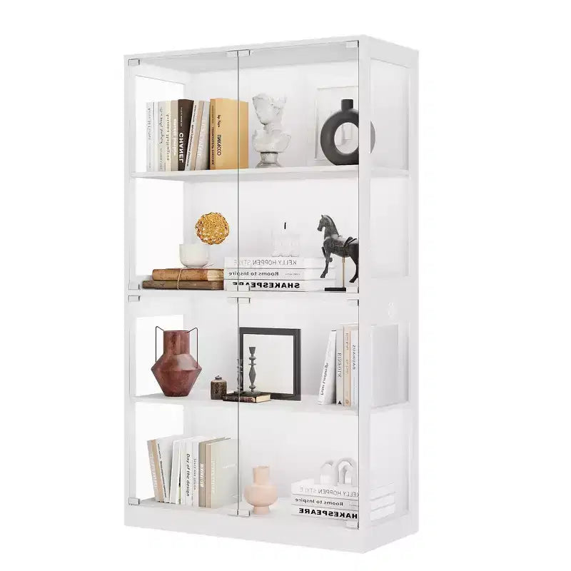 Vitrine en verre avec portes, meuble de curiosités à 4 niveaux avec lumières LED 3 couleurs, ports de chargement et détecteur de mouvement