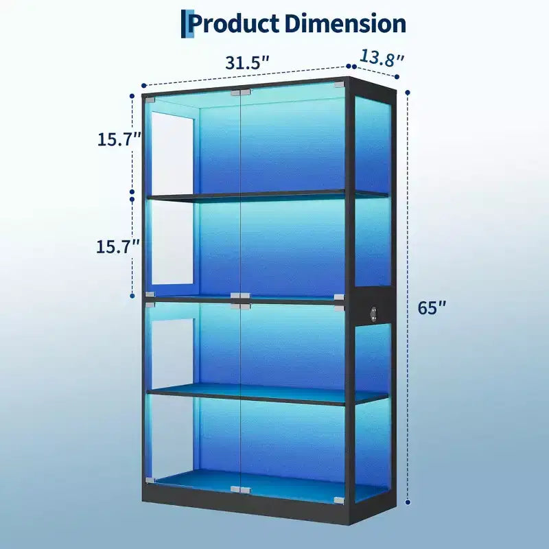 Vitrine en verre avec portes, meuble de curiosités à 4 niveaux avec lumières LED 3 couleurs, ports de chargement et détecteur de mouvement