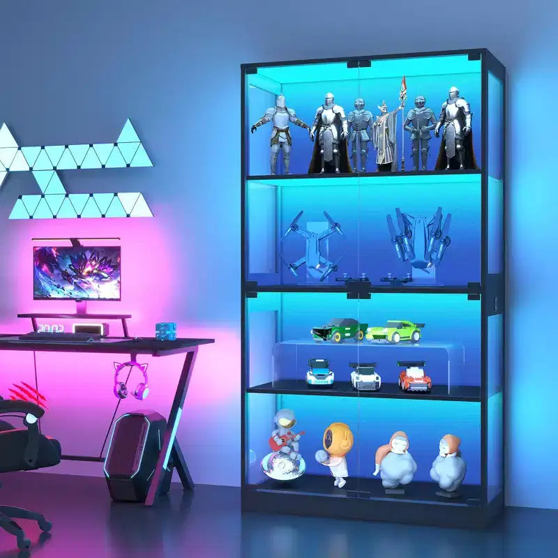 Vitrine en verre avec portes, meuble de curiosités à 4 niveaux avec lumières LED 3 couleurs, ports de chargement et détecteur de mouvement