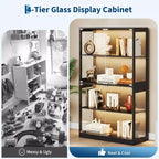 Vitrine en verre avec portes, meuble de curiosités à 4 niveaux avec lumières LED 3 couleurs, ports de chargement et détecteur de mouvement