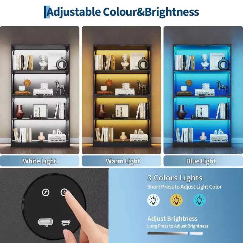 Vitrine en verre avec portes, meuble de curiosités à 4 niveaux avec lumières LED 3 couleurs, ports de chargement et détecteur de mouvement