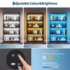 Vitrine en verre avec portes, meuble de curiosités à 4 niveaux avec lumières LED 3 couleurs, ports de chargement et détecteur de mouvement