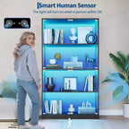 Vitrine en verre avec portes, meuble de curiosités à 4 niveaux avec lumières LED 3 couleurs, ports de chargement et détecteur de mouvement