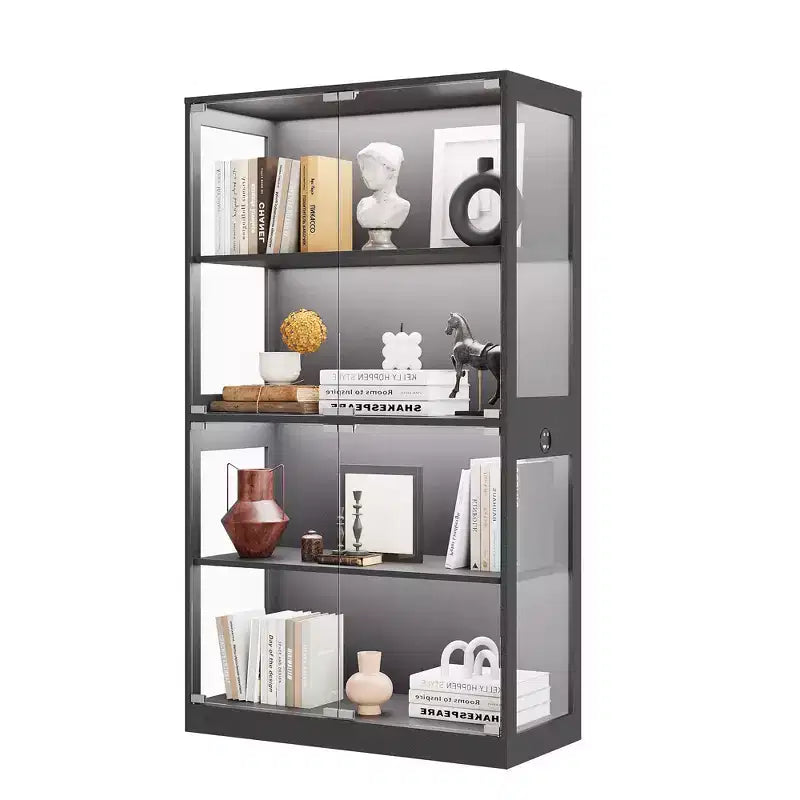 Vitrine en verre avec portes, meuble de curiosités à 4 niveaux avec lumières LED 3 couleurs, ports de chargement et détecteur de mouvement