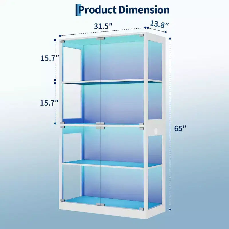 Vitrine en verre avec portes, meuble de curiosités à 4 niveaux avec lumières LED 3 couleurs, ports de chargement et détecteur de mouvement