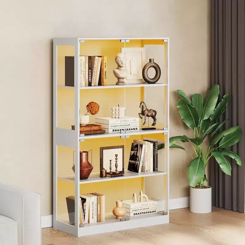 Vitrine en verre avec portes, meuble de curiosités à 4 niveaux avec lumières LED 3 couleurs, ports de chargement et détecteur de mouvement