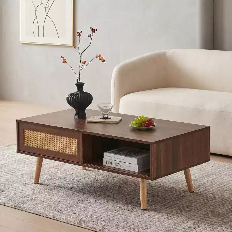 Table basse amusante de marque PE Rattan, porte coulissante pour rangement, pieds en bois massif, table moderne pour salon, couleur noyer