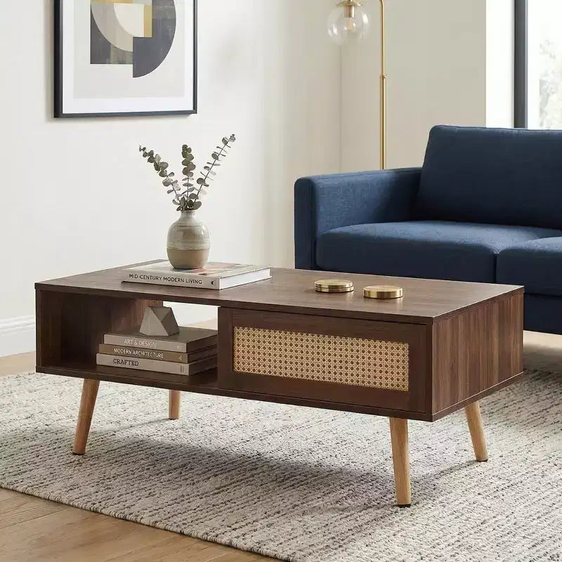 Table basse amusante de marque PE Rattan, porte coulissante pour rangement, pieds en bois massif, table moderne pour salon, couleur noyer