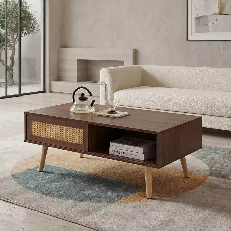 Table basse amusante de marque PE Rattan, porte coulissante pour rangement, pieds en bois massif, table moderne pour salon, couleur noyer