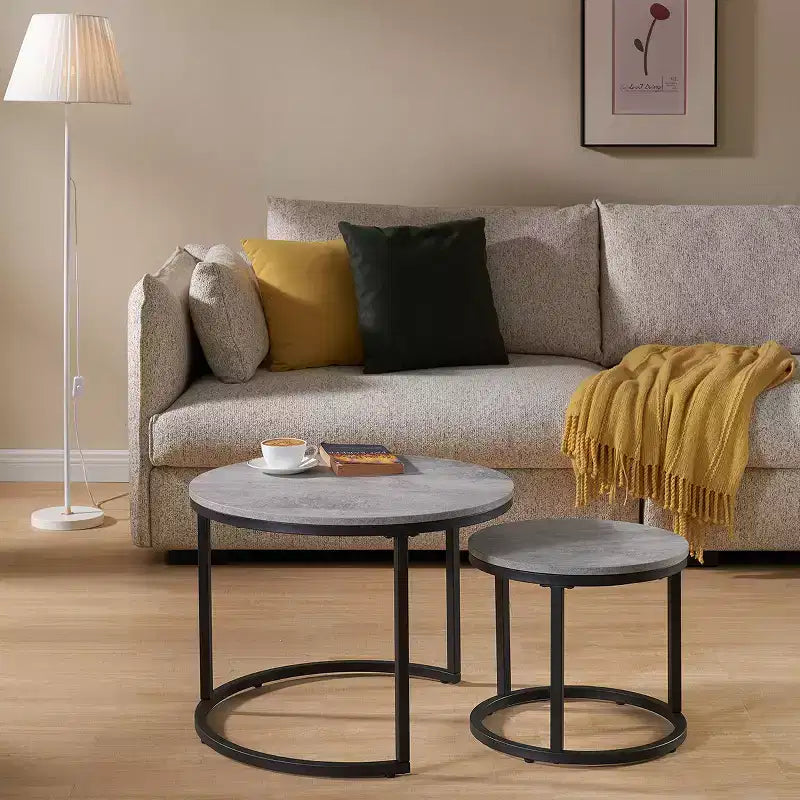 Table gigogne ronde de 24 po de la marque Fun little toys, table d'appoint, finition bois et faux béton gris, peu encombrante, style industriel moderne