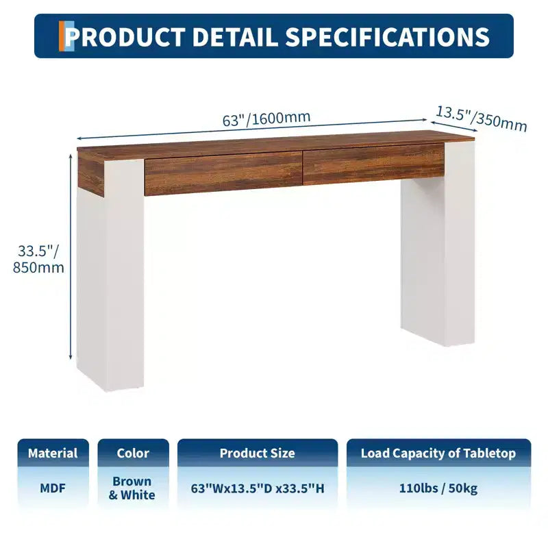 Table d'entrée avec 2 tiroirs, table console étroite avec rangement, meuble d'appoint de couloir mince, table console mince